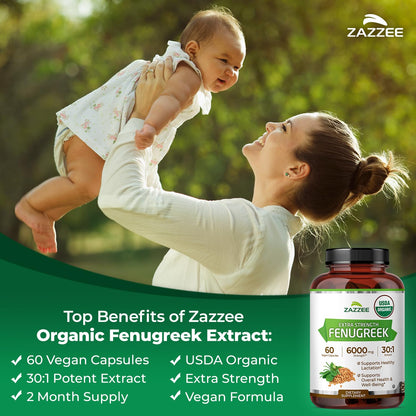 Zazzee USDA Organic Fenugreek 30:1 Extract, 120 Vegan Capsules, 4 Month Supply, Breastfeeding & Lactation Support for Nursing Mothers, Organic Herbal Supplement, All-Natural, Non-GMO, Made in the USA