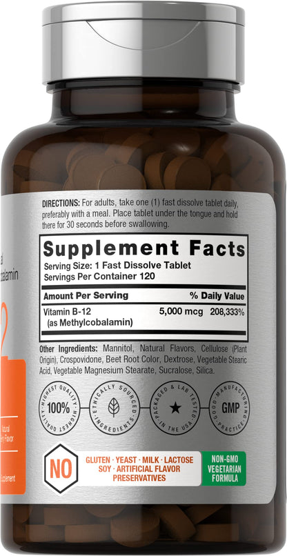 Horbäach B12 Sublingual Methylcobalamin | 5000mcg | 120 Fast Dissolve Tablets