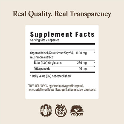 Real Mushrooms Reishi Mushroom Capsules - Handpicked Organic Mushroom Extracts - Red Reishi for Tranquil Daily Wellness with Verified Beta Glucans Vegan, Non-GMO, No Grain Fillers, 200 ct