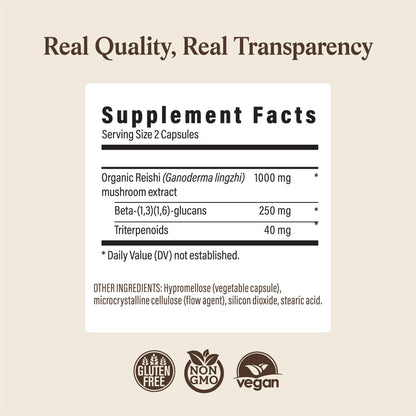 Real Mushrooms Reishi Mushroom Capsules - Handpicked Organic Mushroom Extracts - Red Reishi for Tranquil Daily Wellness with Verified Beta Glucans Vegan, Non-GMO, No Grain Fillers, 90 ct