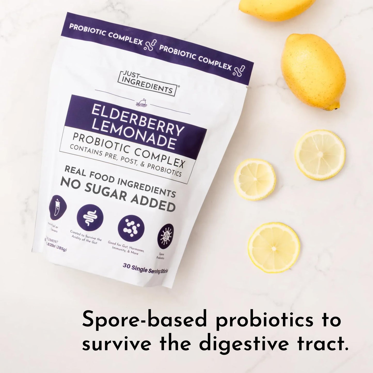 JUST INGREDIENTS Elderberry Lemonade 3-in-1 Probiotic Complex - Prebiotics, Probiotics & Postbiotics - 30 Sticks