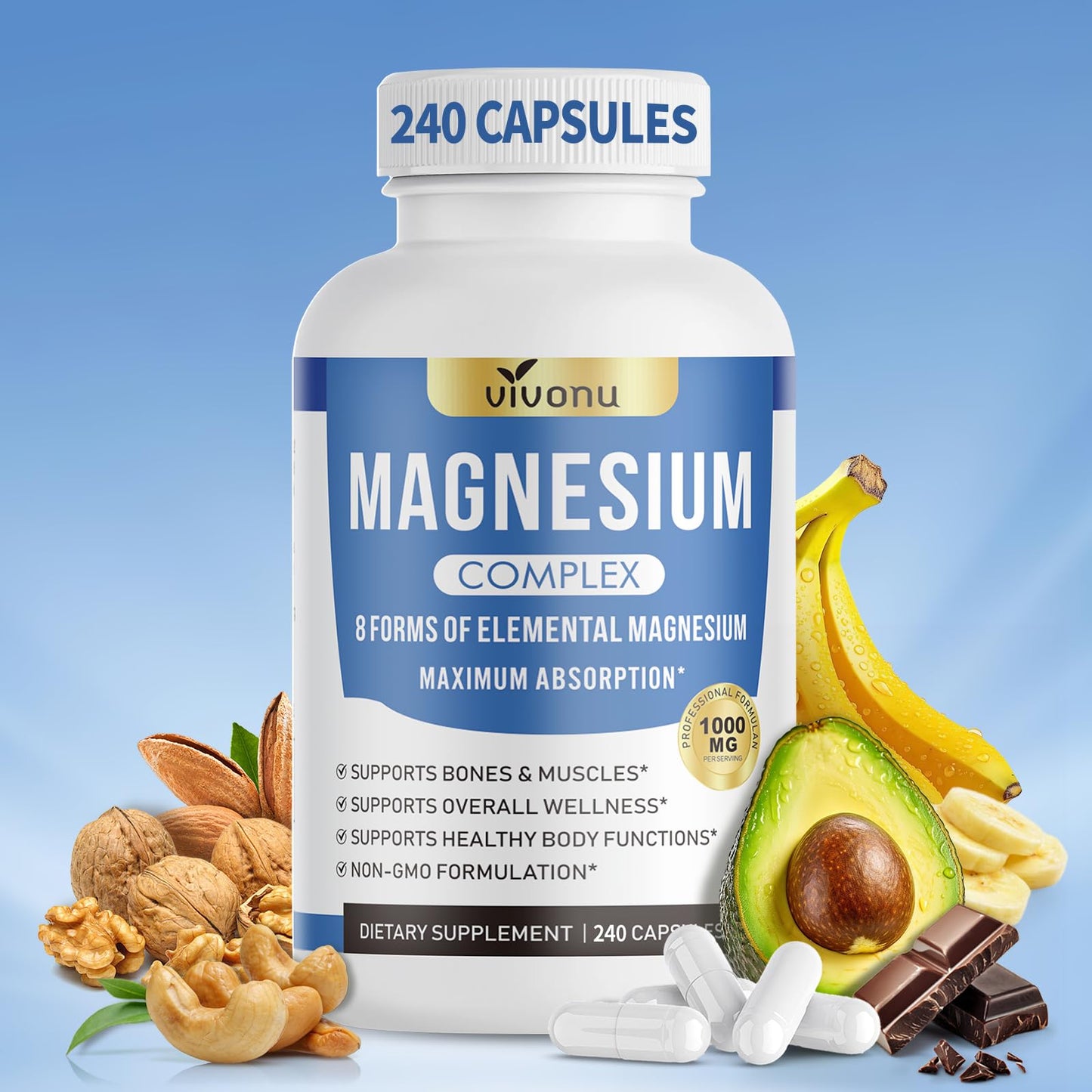 Pure Magnesium Glycinate 500mg, Magnesium Supplement with Vitamin B6 for High Absorption, Supports Stress Relief, Sleep, Muscle, Calm, Relaxation, Nerves* & Metabolism*, Non-GMO, 240 Vegan Capsules