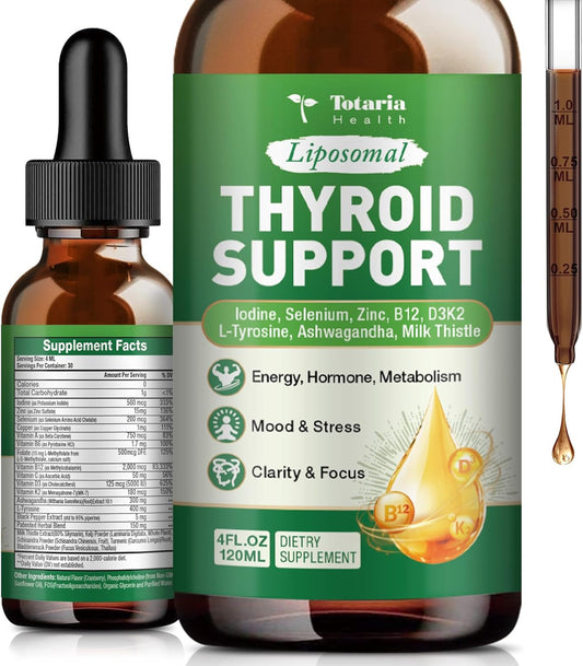 Totaria Thyroid Support for Women & Men, Selenium, Iodine, Zinc, L-Tyrosine, Ashwagandha, B12, Milk Thistle, Kelp, Bladderwrack, Energy, Metabolism, Hormone & Mood, 4 Fl.Oz
