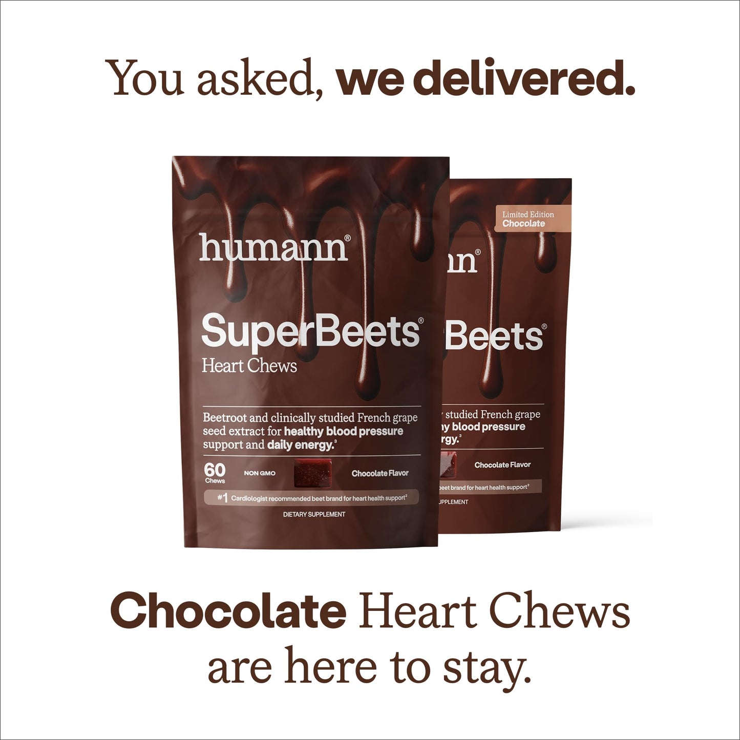 HumanN SuperBeets Heart Chews, Beet Root Powder Support Energy Supplement, Nitric Oxide and Blood Pressure Support, Grape Seed Extract & Non-GMO, Heart Health, Pomegranate Berry Flavor, 60 Count