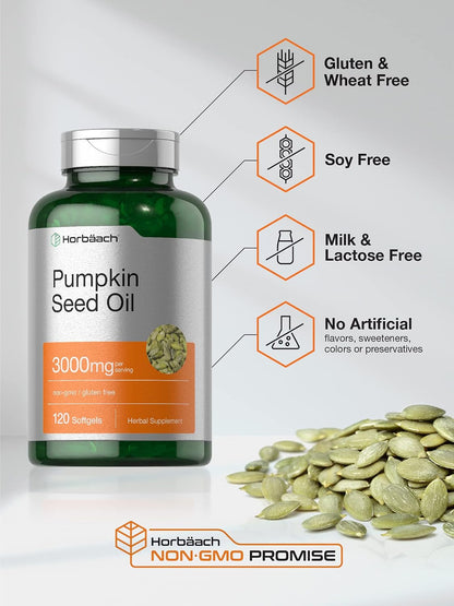 Horbäach Pumpkin Seed Oil 3000mg | 120 Softgel Capsules | Essential Fatty Acids with Omega 6 and 9 | Cold Pressed Dietary Supplement | Non-GMO and Gluten Free Formula