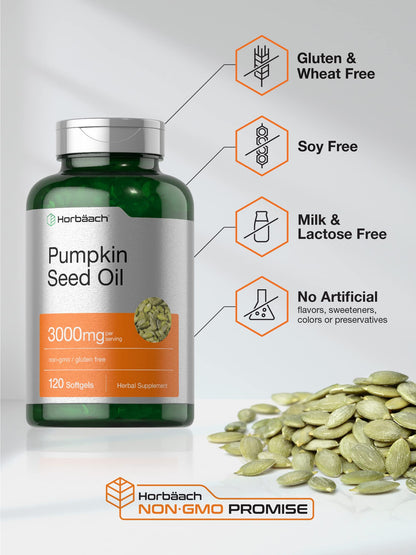 Horbäach Pumpkin Seed Oil 3000mg | 120 Softgel Capsules | Essential Fatty Acids with Omega 6 and 9 | Cold Pressed Dietary Supplement | Non-GMO and Gluten Free Formula