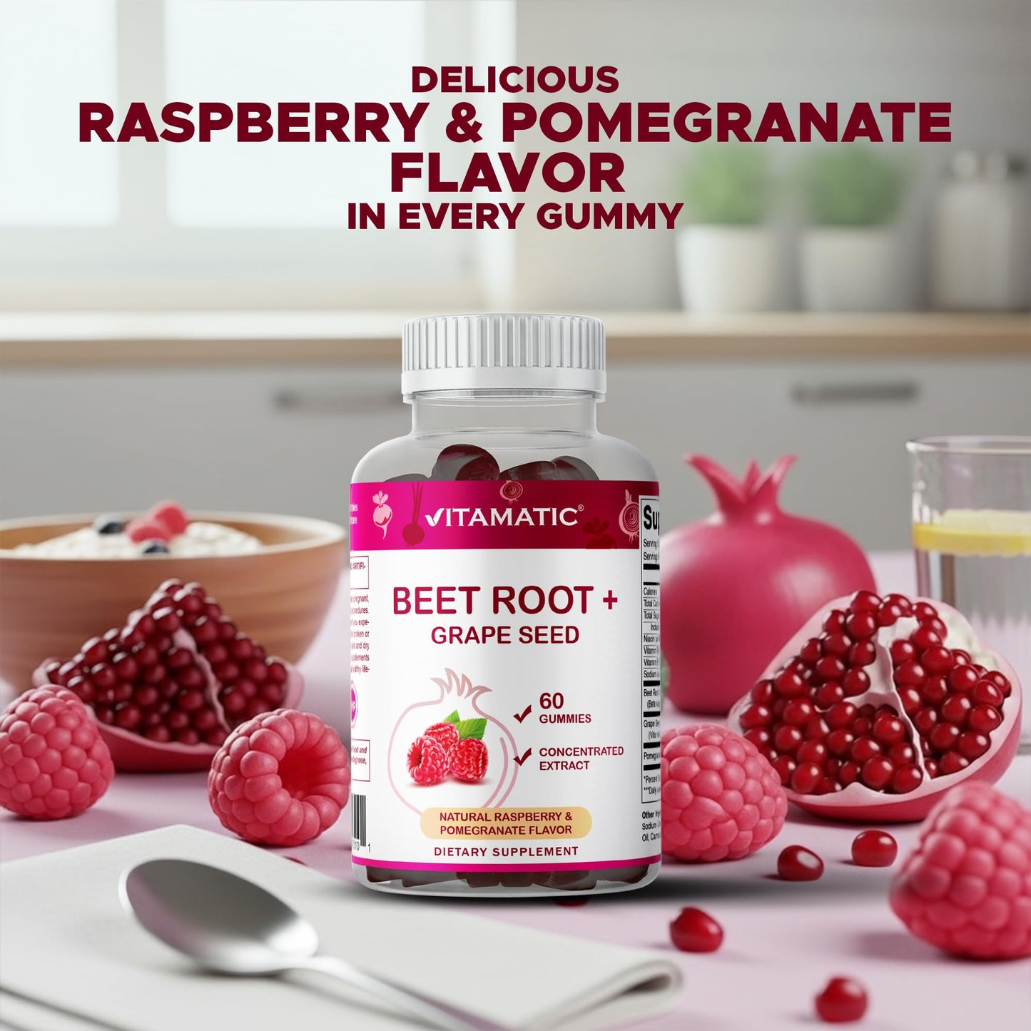 Vitamatic Beet Root Gummies with B6, B12, Grape Seed, Pomegranate & Nicotinamide – Plant-Based Extract – Vegan, Non-GMO – Botanical Supplement Gummies – 60 Count