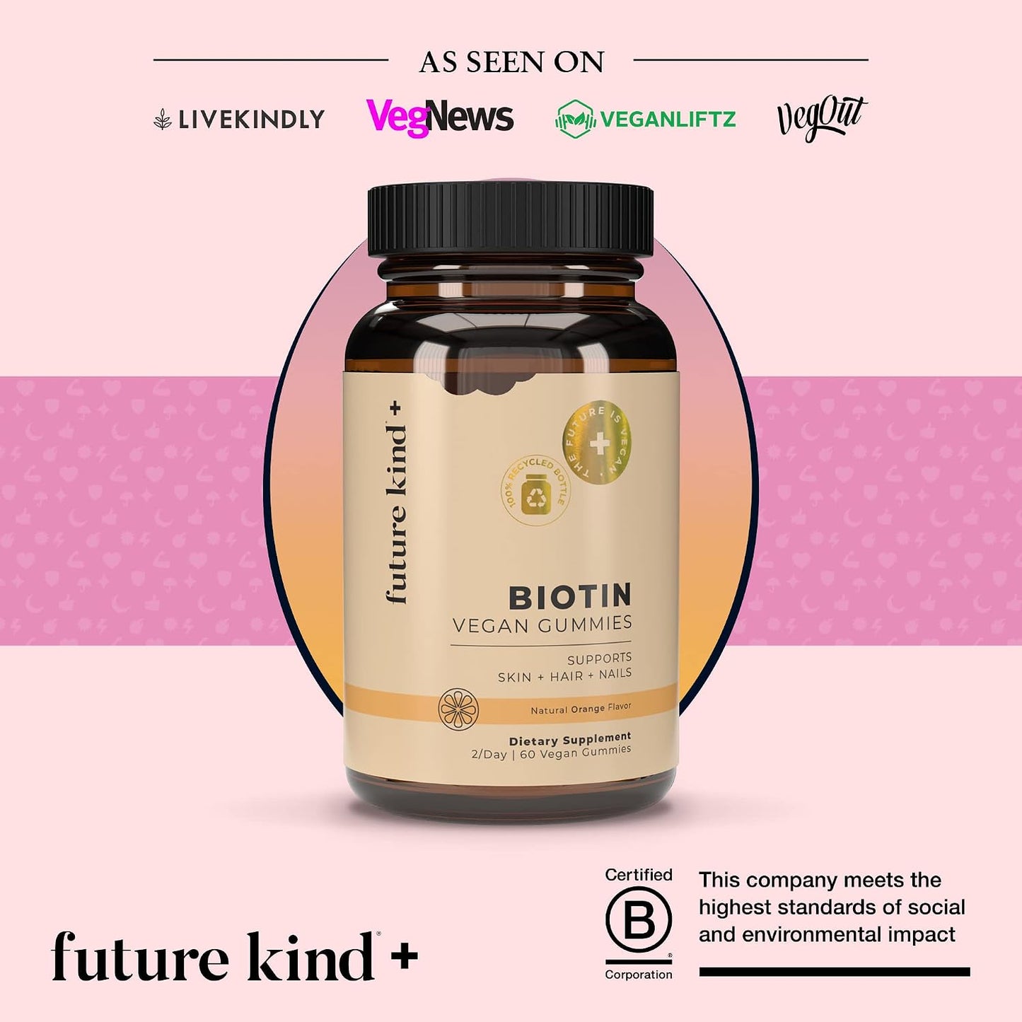 Future Kind Vegan Biotin Gummies for Hair, Skin and Nails – Vegan Collagen Supplement with Vitamin A, C & E – Natural Strawberry Flavor – 30 Gummies