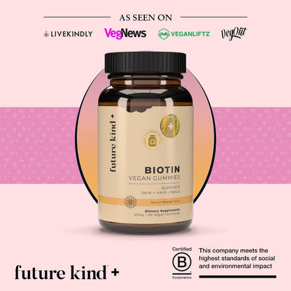 Future Kind Vegan Biotin Gummies for Hair, Skin and Nails – Vegan Collagen Supplement with Vitamin A, C & E – Natural Strawberry Flavor – 30 Gummies