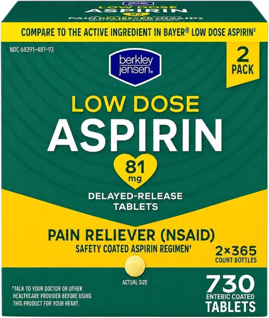 berkley jensen Aspirin 81mg Low Dose, Enteric Coated Tablets, NSAID Pain Reliever & Fever Reducer, for Minor Aches, Muscle Pain & Cramps. Safety Coated, Made in USA, 365 Count (Pack of 2)