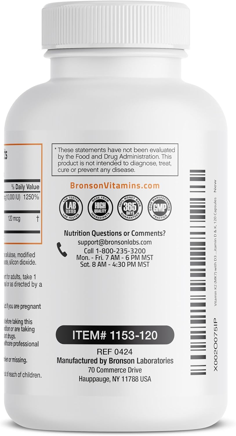 Bronson Vitamin K2 D3 (MK7) Extra Strength D3 & K2 Complex, 120 Capsules | Bone, Immune & Heart Health Support, Gluten Free, Soy Free, Non-GMO, Vitamin D3 10,000IU (250 mcg) & 120 mcg K2 MK-7