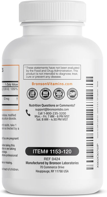 Bronson Vitamin K2 D3 (MK7) Extra Strength D3 & K2 Complex, 120 Capsules | Bone, Immune & Heart Health Support, Gluten Free, Soy Free, Non-GMO, Vitamin D3 10,000IU (250 mcg) & 120 mcg K2 MK-7