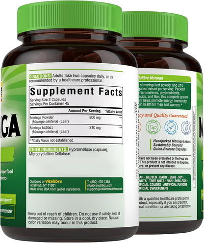 Moringa 1,010 mg, Maximum Potency, Complete Green Superfood, Rich in Antioxidants, No Gluten & Caffeine, Non-GMO, Energy, Immune, Gut & Skin Health, 90 Vegan Capsules