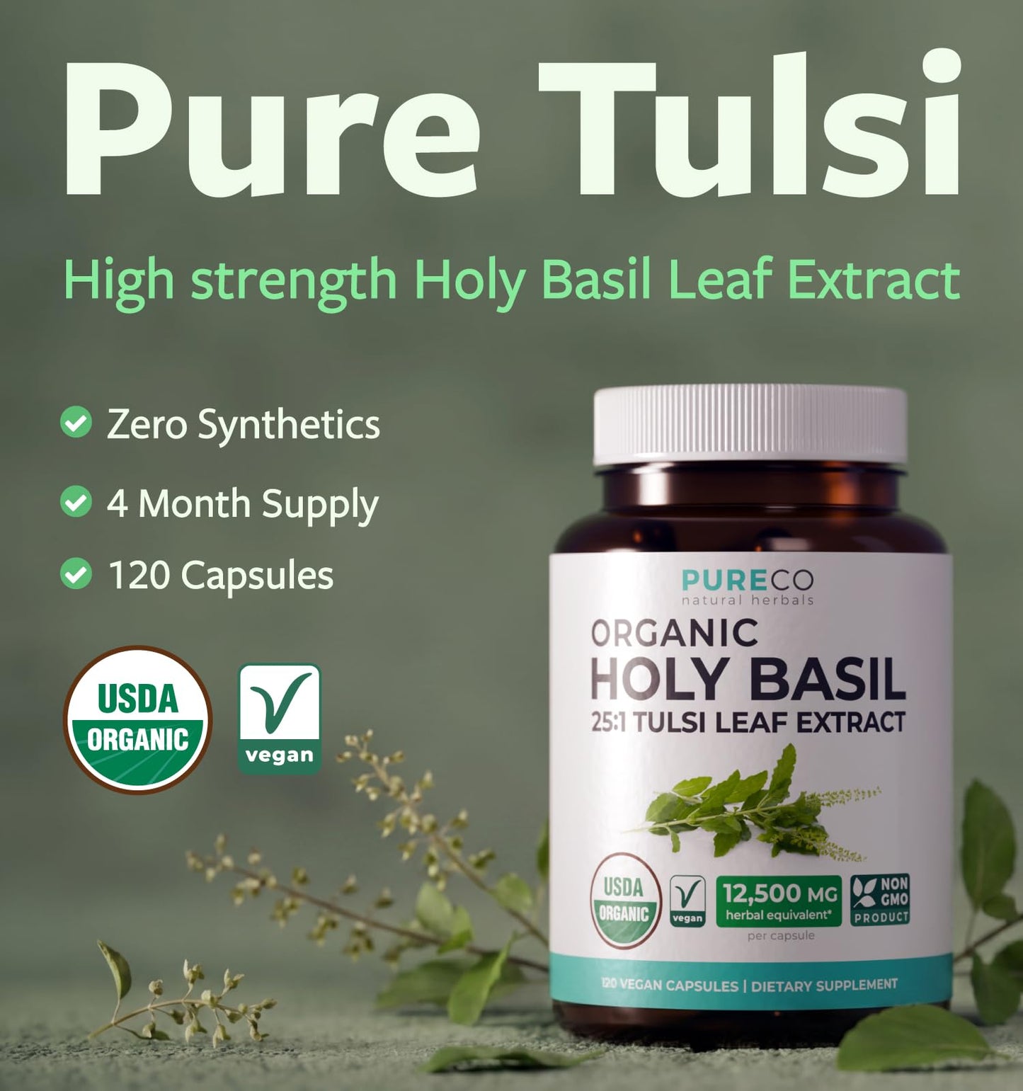 PURE CO USDA Organic Holy Basil Supplement – High Potency Organic Holy Basil 500mg 25:1 Extract 1 Capsule Per Serving – High Strength Tulsi Extract – 60 Vegan Capsules – Non-GMO & Made in USA