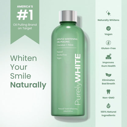 PurelyWHITE Coconut Pulling Oil - Mouthwash Mint Oil Pulling, Coconut Oil Pulling for Teeth, Pulling Oil for Teeth Whitening & Healthier Teeth & Gums - Alcohol-Free Freshens Breath W/ 7 Essential Oils