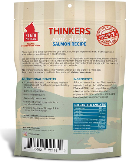 Plato Pet Treats Thinkers - Meat Stick Treats for Dogs - Limited Ingredient with EPA and DHA to Support Skin, Coat, and Brain - Air-Dried - Thinkers Salmon 10oz - 2 Pack