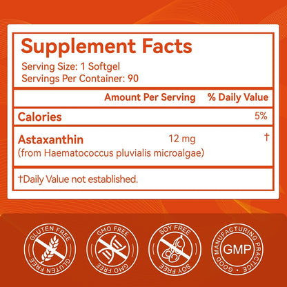 Astaxanthin 12mg Organic Easy to Swallow Astaxanthin Supplement 90 Softgels | Support Eye & Brain & Skin Health, Triple Strength, Fresh Microalgae Source, Organic Non-GMO, Gluten Free, No Soy, Vegan
