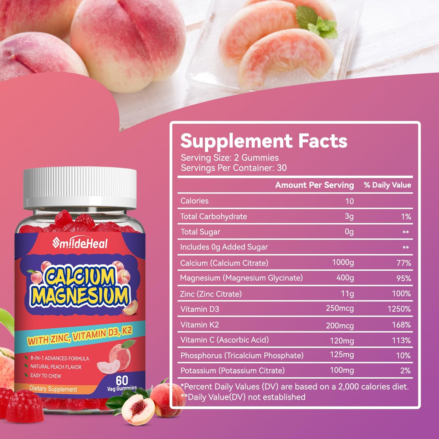 Calcium Magnesium Gummies 600MG, Calcium Magnesium Zinc Gummies with Vitamin D3 - High Absorption Complex Calcium Supplement, Vegan, 60 Counts