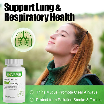 NAC Supplement N-Acetyl Cysteine, NAC 600mg Capsules for Lung Support, Liver Detox, Antioxidant Support, Respiratory Health, 60 Counts