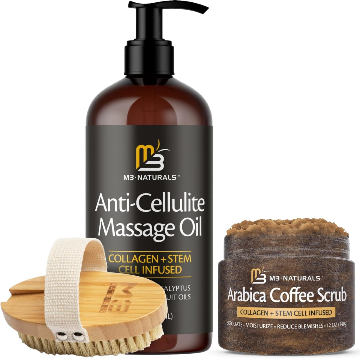 Arabica Coffee Foot Hand and Body Scrub & Anti Cellulite Massage Oil and Firm Dry Brush Kit