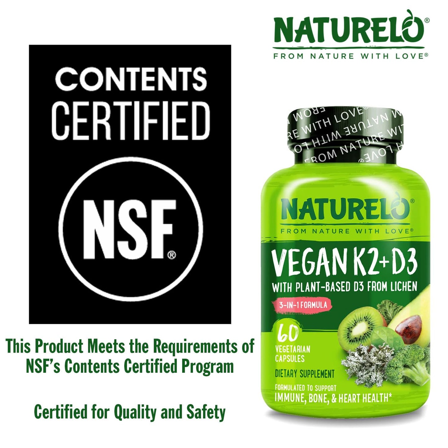 NATURELO Vitamin D3 K2 - Vegan with Plant Based D3 from Lichen - Natural Supplement for Immune System, Bone Support, Heart Health - Whole Food - Non-GMO - Gluten Free, 60 Capsules