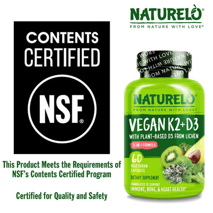 NATURELO Vitamin D3 K2 - Vegan with Plant Based D3 from Lichen - Natural Supplement for Immune System, Bone Support, Heart Health - Whole Food - Non-GMO - Gluten Free, 60 Capsules