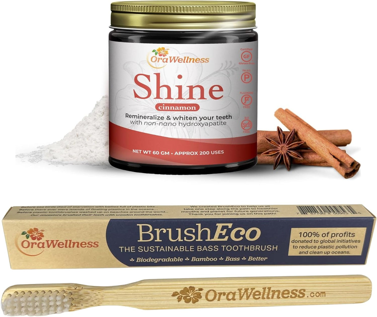 OraWellness Shine Cinnamon Remineralizing Tooth Whitening Powder + BrushEco Bamboo Toothbrush with 4 Rows