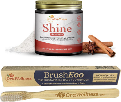 OraWellness Shine Cinnamon Remineralizing Tooth Whitening Powder + BrushEco Bamboo Toothbrush with 4 Rows