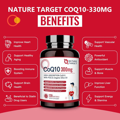NATURE TARGET CoQ10-300mg-Softgels + PQQ with Organic-Olive-Oil - High Absorption-Coenzyme-Q10 - Antioxidant-for-Heart-Health and Immune Support, Energy Production, 120 Servings | High Absorption Coenzyme Q10 with BioPerine, Antioxidant for Heart, Brain,
