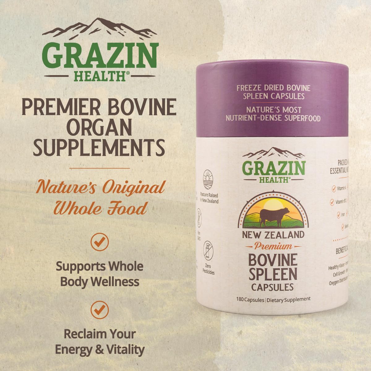 Bovine Organ Complex 3000mg per Serving (30 Servings) | Pancreas, Liver, Spleen, Kidney, Heart (600 Mg per Organ per Capsule) Grass Fed