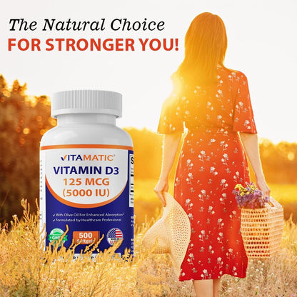 Vitamatic Vitamin D3 5000 IU (125 mcg), 500 Softgels, Made in USA | Olive Oil-Based Formula, Cold Pressed, 500 Day Supply, Support Immune Health*, Non GMO, Gluten Free