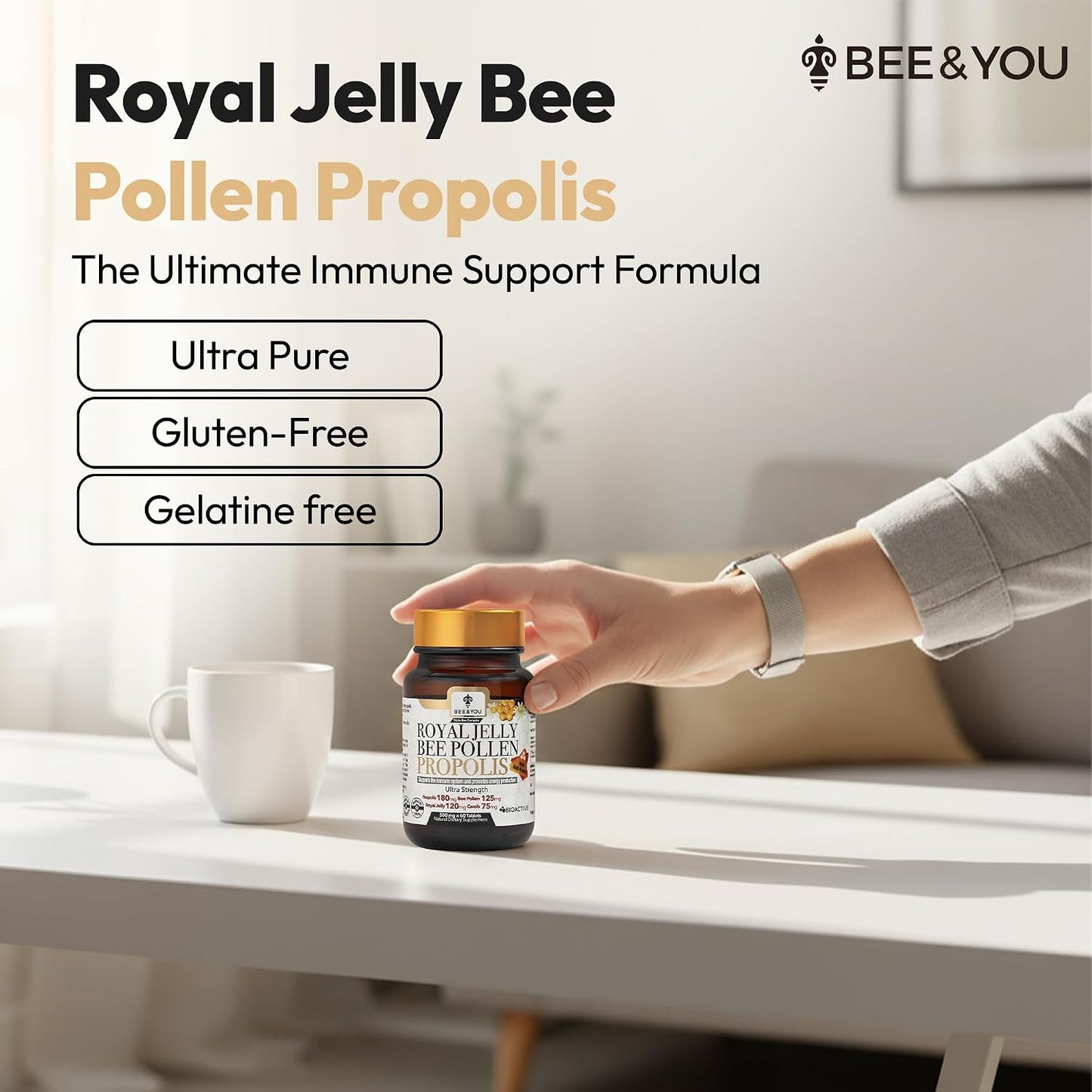 Bee and You Royal Jelly Tablet, Propolis Extract, Bee Pollen, 100% Natural Superfood, Ultra Pure, Immune Support Supplement, Improve Energy, Focus, Antioxidants, Fresh, Keto, Paleo, Gluten-Free | 60ct