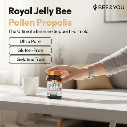 Bee and You Royal Jelly Tablet, Propolis Extract, Bee Pollen, 100% Natural Superfood, Ultra Pure, Immune Support Supplement, Improve Energy, Focus, Antioxidants, Fresh, Keto, Paleo, Gluten-Free | 60ct