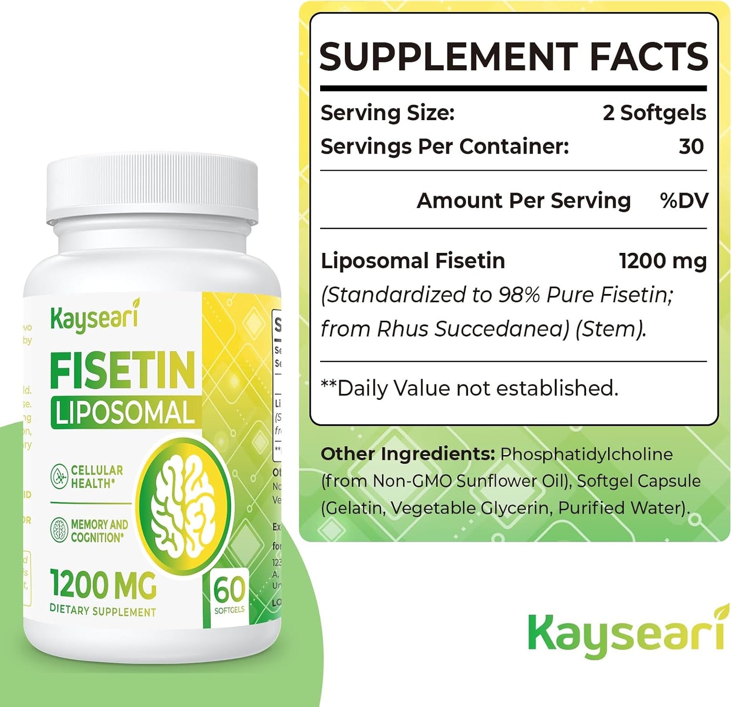Fisetin 1200mg Liposomal Fisetin Supplements 98% Pure Fisetin Polyphenols Antioxidants Immunity Health Aging Cognitive Support Non-GMO 120 Capsules