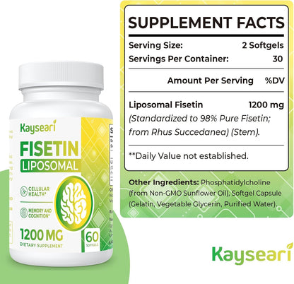 Fisetin 1200mg Liposomal Fisetin Supplements 98% Pure Fisetin Polyphenols Antioxidants Immunity Health Aging Cognitive Support Non-GMO 120 Capsules
