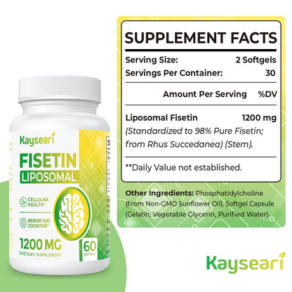 Fisetin 1200mg Liposomal Fisetin Supplements 98% Pure Fisetin Polyphenols Antioxidants Immunity Health Aging Cognitive Support Non-GMO 120 Capsules