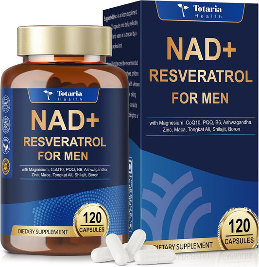 Totaria NAD+ Supplement for Men - NAD Trans-Resveratrol Supplement with CoQ10, PQQ, Magnesium,Ashwagandha – NMN & NMNH Alternative - Cell Energy & Vitality – 120 Capsules