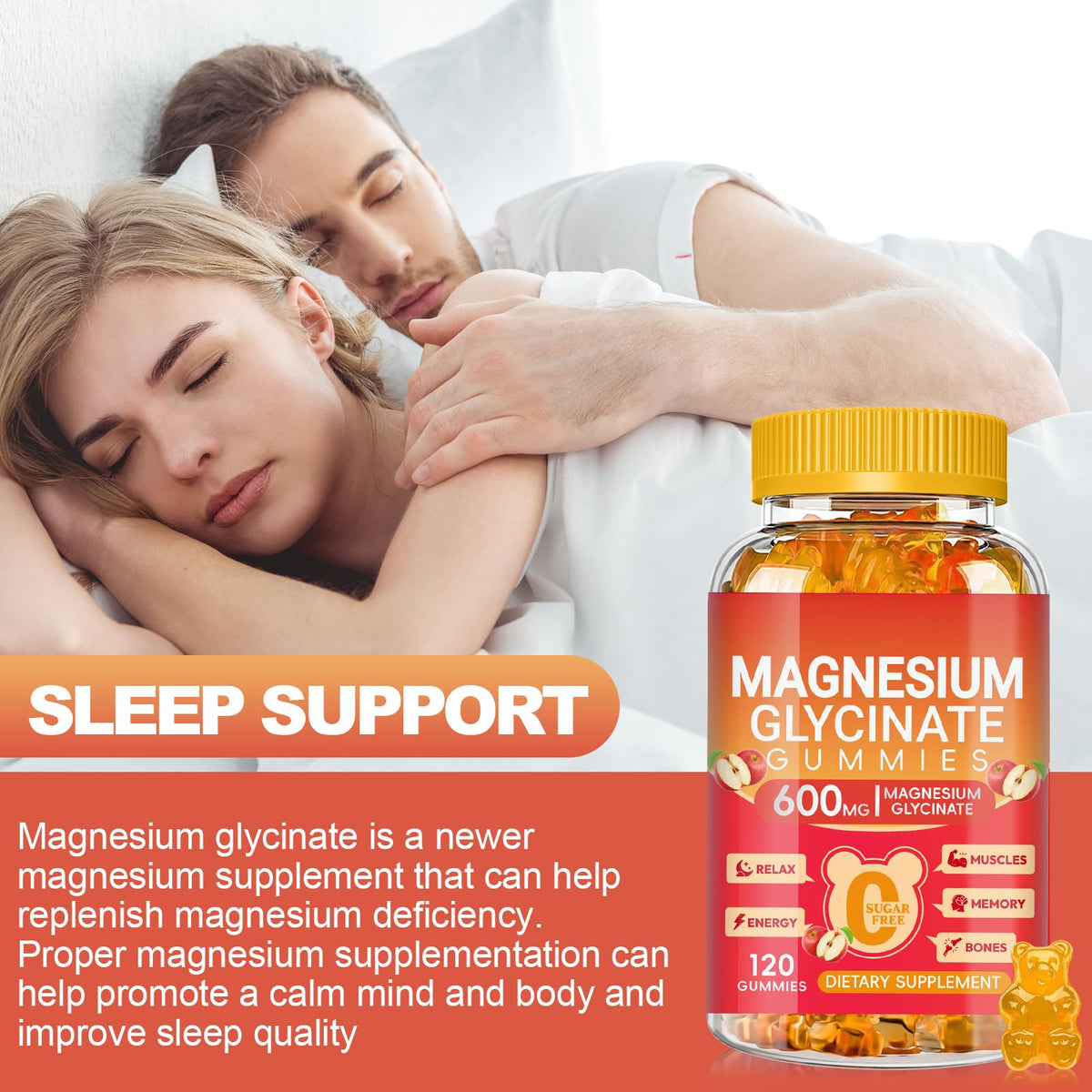 Magnesium Glycinate Gummies 600mg, Sugar Free Magnesium Gummies for Adults