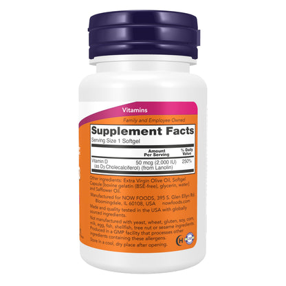 NOW Foods Supplements, Vitamin D-3 2,000 IU, High Potency, Structural Support*, 240 Softgels