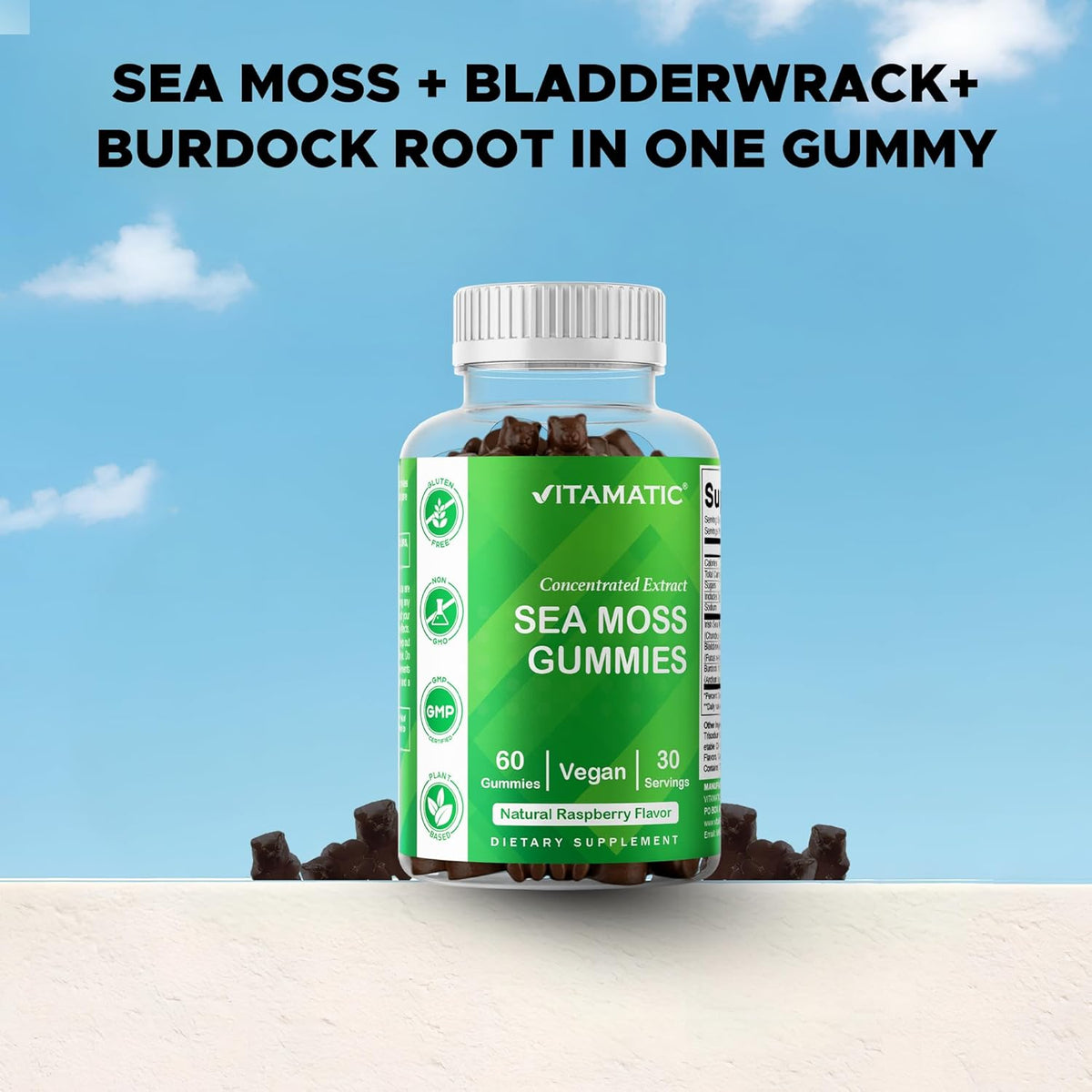 Vitamatic Sea Moss Gummies with Bladderwrack & Burdock, 60 Gummies | Premium Botanical Blend for Immune Support*, Natural Raspberry Flavor, Vegan, Non-GMO, Gluten Free.