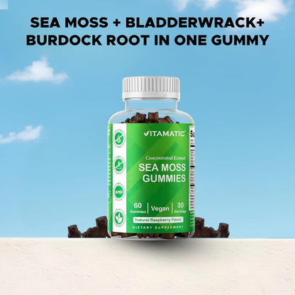 Vitamatic Sea Moss Gummies with Bladderwrack & Burdock, 60 Gummies | Premium Botanical Blend for Immune Support*, Natural Raspberry Flavor, Vegan, Non-GMO, Gluten Free.