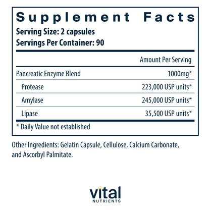 Vital Nutrients Pancreatic Enzymes 1000mg (Full Strength) | Pancreatin Digestion Supple