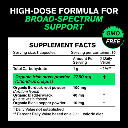 Organic Irish Sea Moss Capsules 2400 mg - Burdock Root and Bladderwrack Powder
