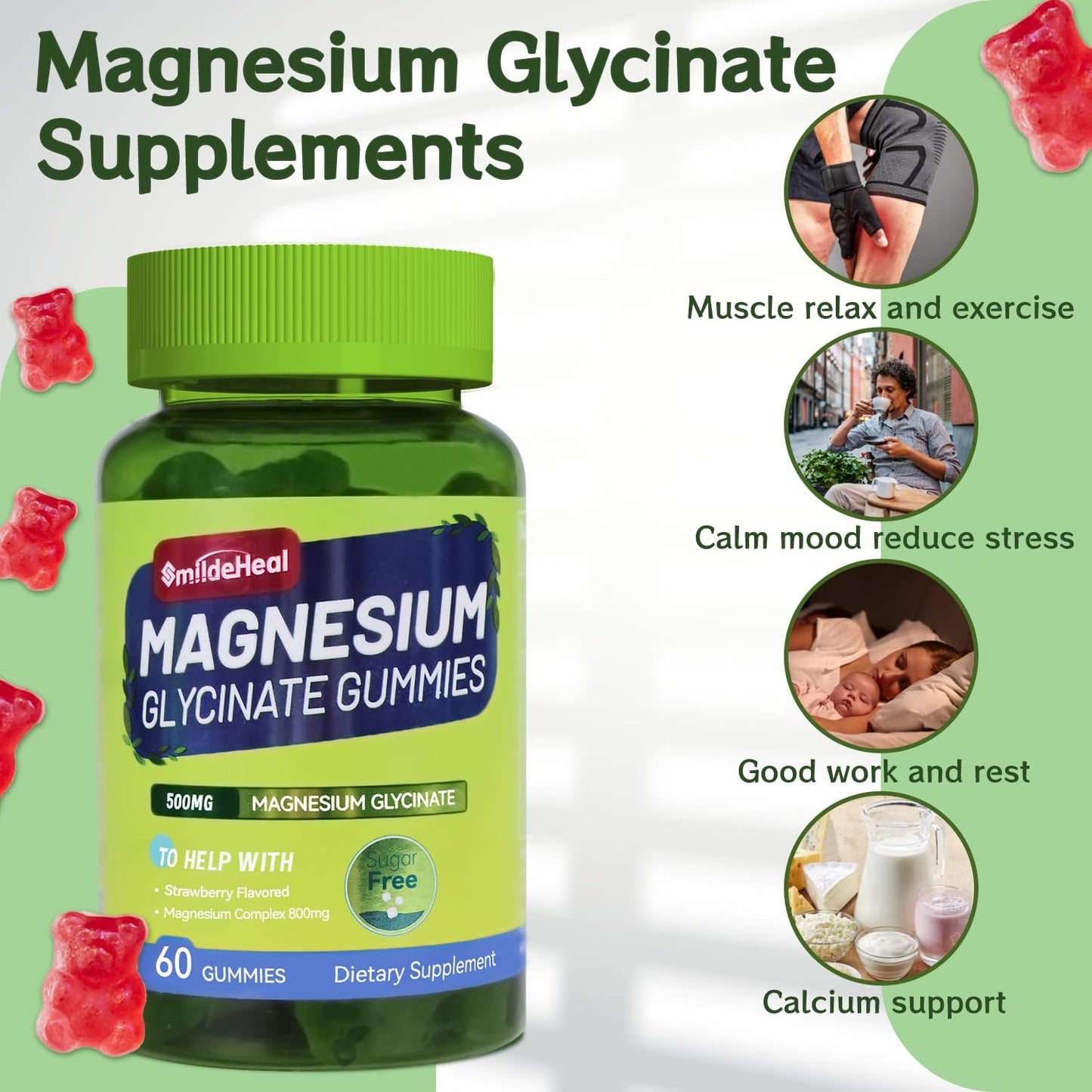 Magnesium Glycinate Gummies 500mg with L-Threonate 300mg - Sugar-Free Magnesium Potassium Supplement with Vitamin D, B6, CoQ10 - Strawberry Flavored - 60 Gummies