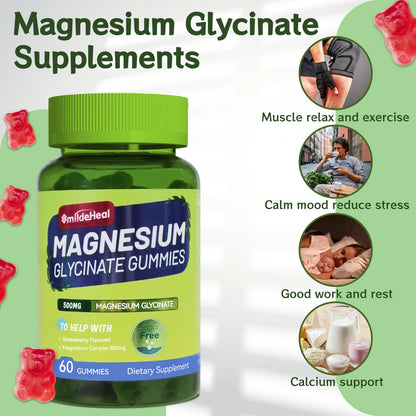 Magnesium Glycinate Gummies 500mg with L-Threonate 300mg - Sugar-Free Magnesium Potassium Supplement with Vitamin D, B6, CoQ10 - Strawberry Flavored - 60 Gummies