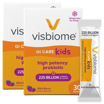 Visbiome® GI Care Kids Probiotic, 225B CFU, Wild Berry, 30 Packets | Original De Simone Formulation®, Multi-Strain, Refrigerated Probiotics, Low FODMAP Certified, Dye-Free, Made in USA