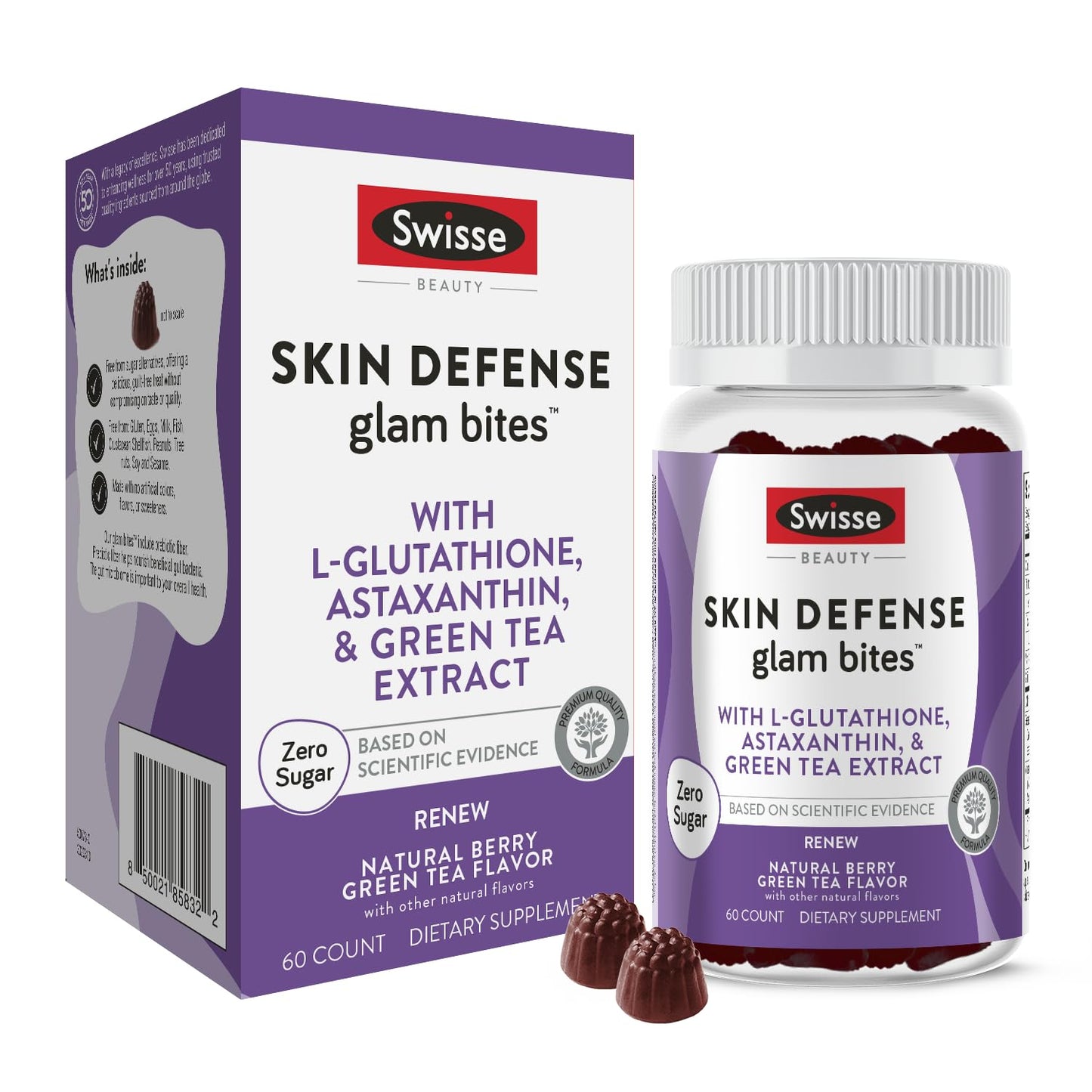 Swisse Glow Skin Glam Bites – Collagen Peptides, Hyaluronic Acid & Sea Moss – Supports Skin Elasticity & Hydration – Zero Sugar Gummies for Adults – Blueberry Lavender Flavor, 60 Count