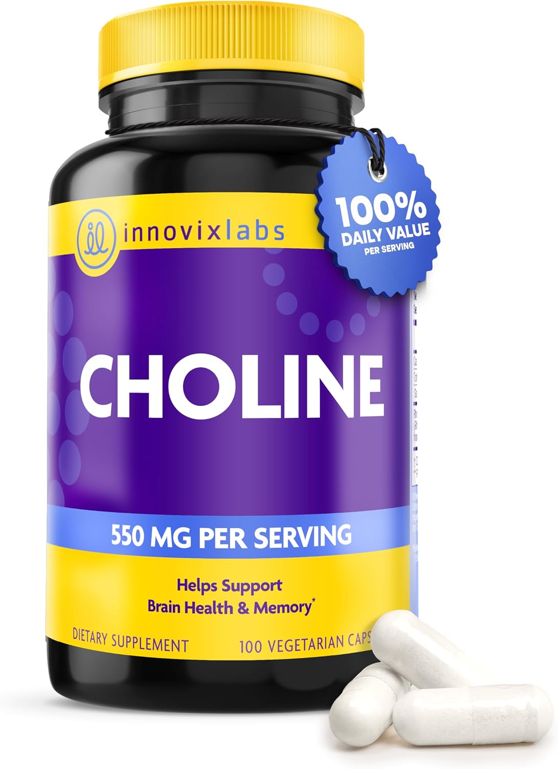 InnovixLabs Choline Supplement 550 mg, Pure Choline Bitartrate Brain Supplement for Memory and Focus, Supports Liver Function and Mental Clarity for Women and Men, Non-GMO, 50-Day Supply