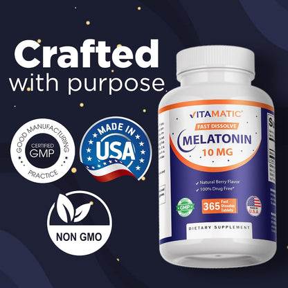 Vitamatic Melatonin 10 mg Fast Dissolve Tablets – Quick-Dissolving Sleep Support Supplement for Adults – Vegetarian, Non-GMO & Gluten-Free – Natural Berry Flavor – 365 Tablets