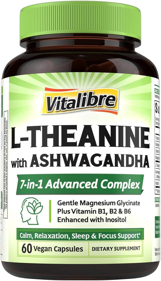 Vitalibre L Theanine Supplement 200mg | 7 in 1 L-Theanine with Magnesium Glycinate, Ashwagandha, Inositol, Vitamin B1 B2 B6 | No Gluten, for Calm, Relaxation, Sleep & Focus Support, 60 Vegan Caps